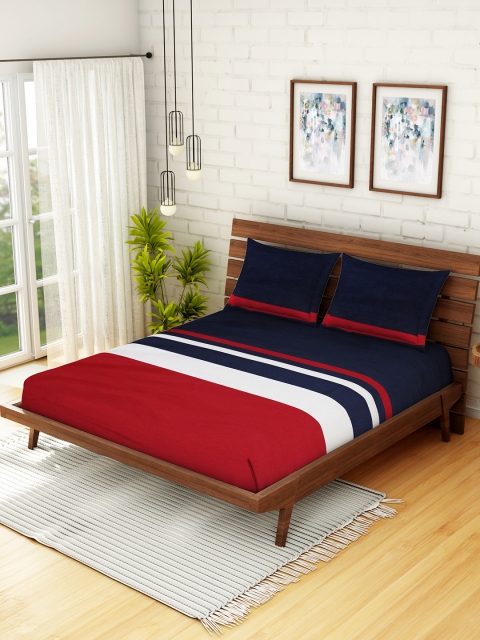 WELHOME Red & Black Striped 160 TC 1 Microfibre Queen Bedsheet with 2 Pillow Covers