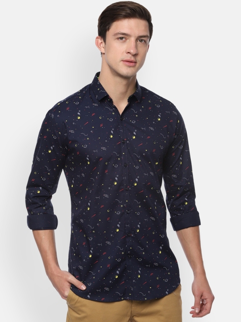 V Dot Men Navy Blue Skinny Fit Printed Casual Shirt