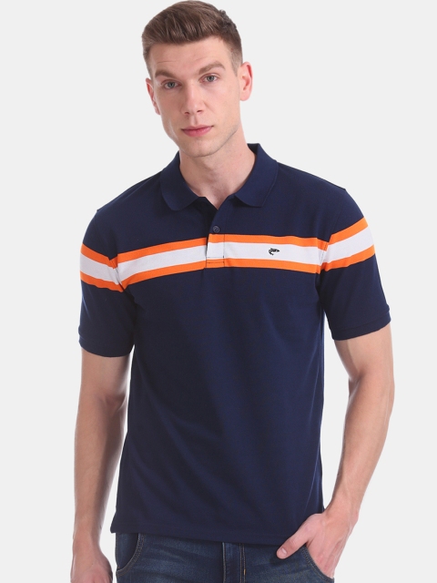Ruggers Men Blue Slim Fit Striped Polo Collar T-shirt