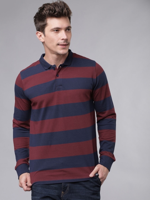 Ecko Unltd Men Navy Blue & Maroon Striped Polo Collar T-shirt