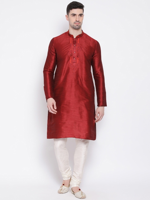 NAMASKAR Men Maroon Yoke Design Straight Kurta