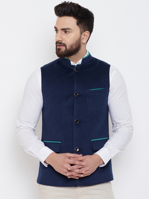 Spirit Men Navy Blue Solid Woven Nehru Jacket