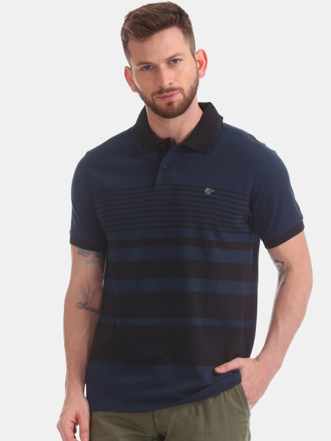 Ruggers Men Navy Blue & Black Striped Polo Collar Slim Fit T-shirt