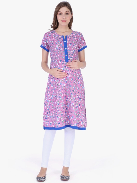 MomToBe Women Pink & Blue Printed Straight Maternity Kurta