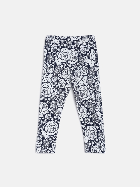 TALES & STORIES Girls White & Navy Floral Printed Jeggings