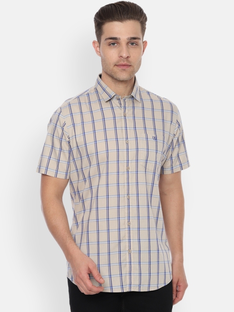 Van Heusen Sport Men Beige & Blue Slim Fit Checked Casual Shirt