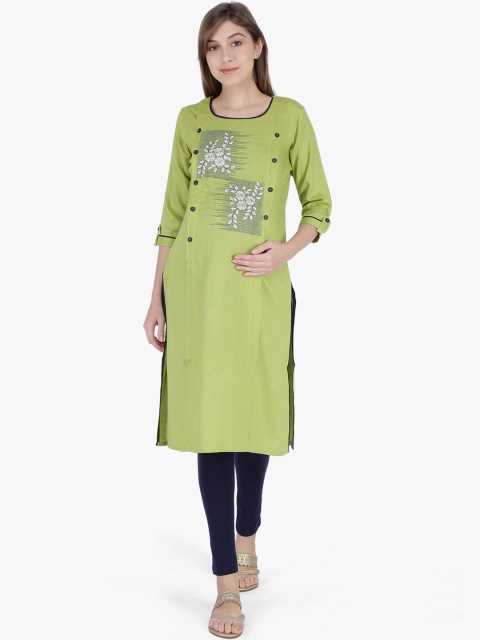 MomToBe Women Green Embroidered Straight Maternity Kurta