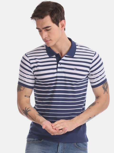 Ruggers Men Navy Blue & White Striped Polo Collar T-shirt