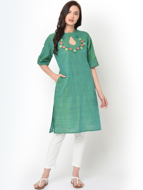 FLAVIDO Women Green Embroidered Mangalagiri Cotton Straight Kurta