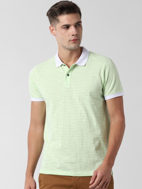 Peter England Casuals Men Green Striped Polo Collar T-shirt