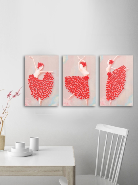 TIED RIBBONS Set of 3 Pink & Red Printed Canvas Framed Wall Arts