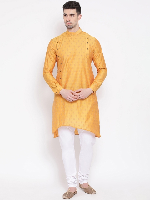 NAMASKAR Men Yellow & White Woven Design Kurta with Churidar