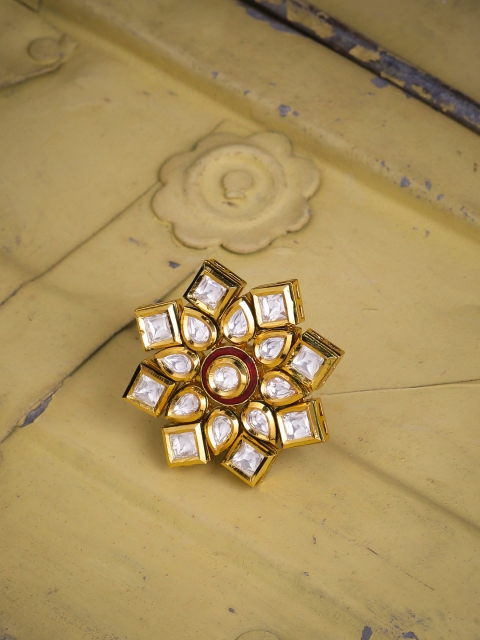 Tistabene Women Gold-Plated Maroon & White Stone Embellished Finger Ring
