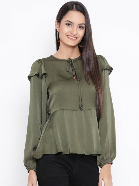 Oxolloxo Women Olive Green Solid Cinched Waist Top