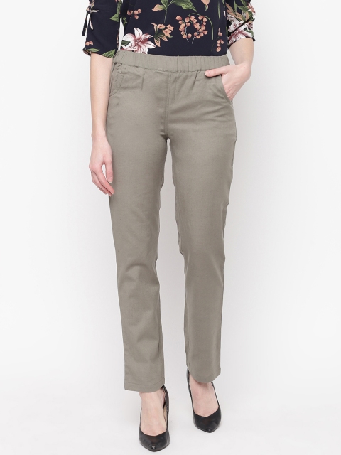 Mayra Women Olive Green Regular Fit Solid Cigarette Trousers