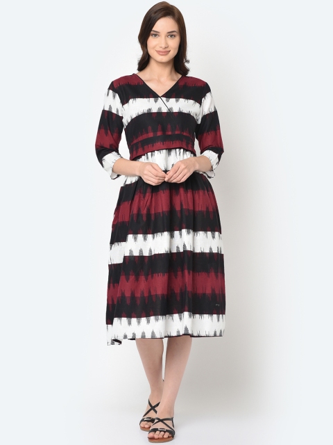 FLAVIDO Women Maroon & Black Ikat Printed Cotton Linen Fit and Flare Dress