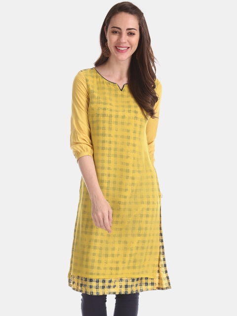 Karigari Women Yellow Checked Straight Kurta