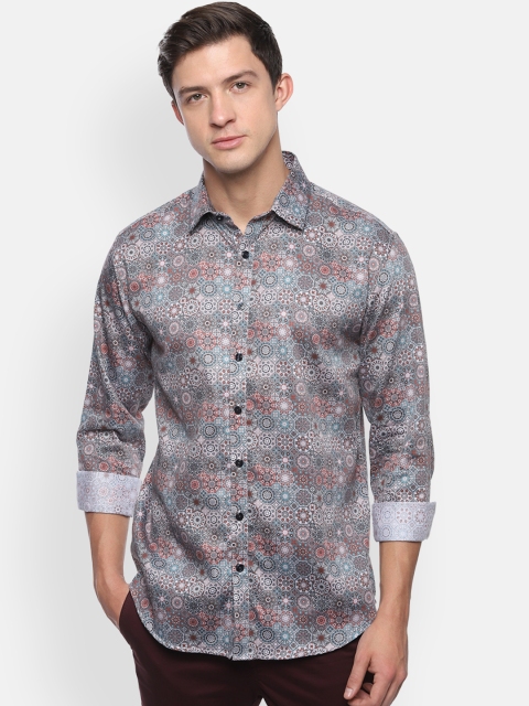 V Dot Men Grey & Red Slim Fit Printed Casual Shirt