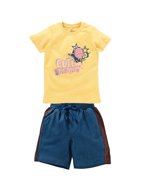 KiddoPanti Boys Yellow & Blue Printed T-shirt with Shorts