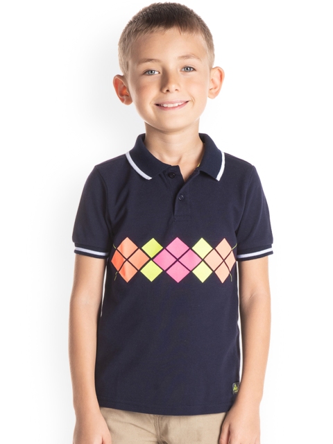 Cherry Crumble Boys Navy Blue Printed Polo Collar T-shirt