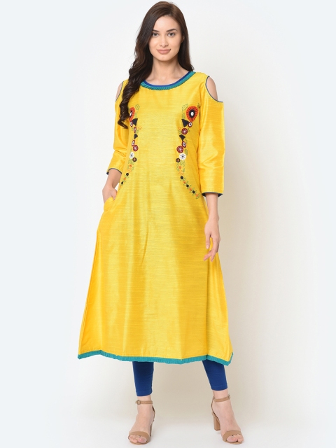 FLAVIDO Women Yellow Embroidered Straight Kurta