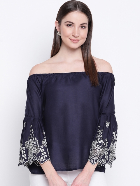 Mayra Women Navy Blue & Off-White Embroidered Bardot Top