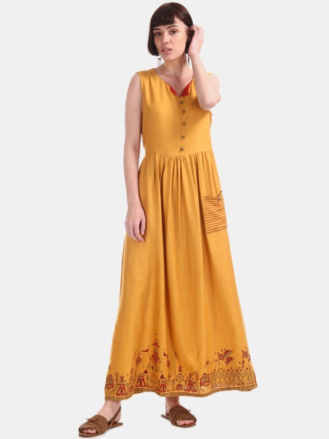 Bronz Women Yellow Solid Maxi Dress