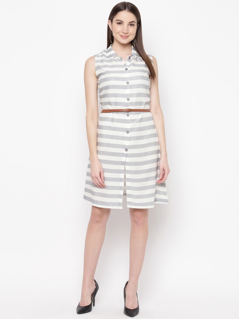 Mayra Women Grey Striped Shirt Dress