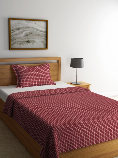 KLOTTHE Maroon & White Woven Design Single Bed Cover With 1 Pillow Cover