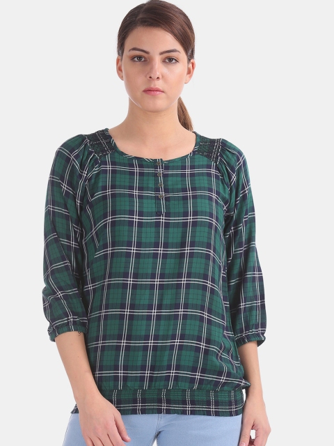 Cherokee Women Green & Navy Blue Checked Blouson Top