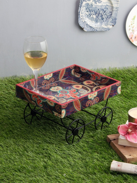 RANGRAGE Blue & Red Paisley Print Serving Tray Cart