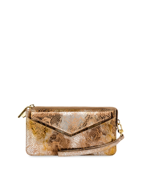 Eske Women Brown & Silver-Toned Printed Leather Zip Around Wallet