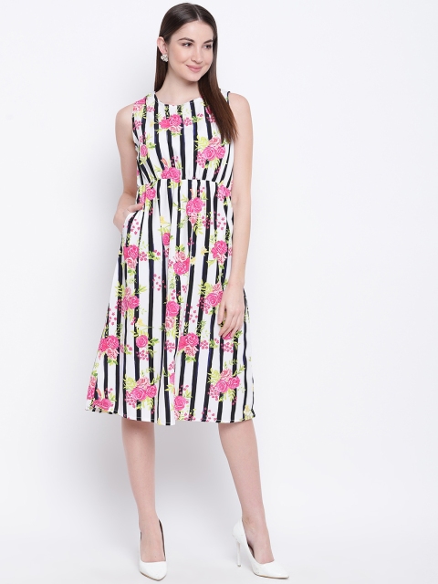 Mayra Women White & Pink Floral Print Fit and Flare Dress