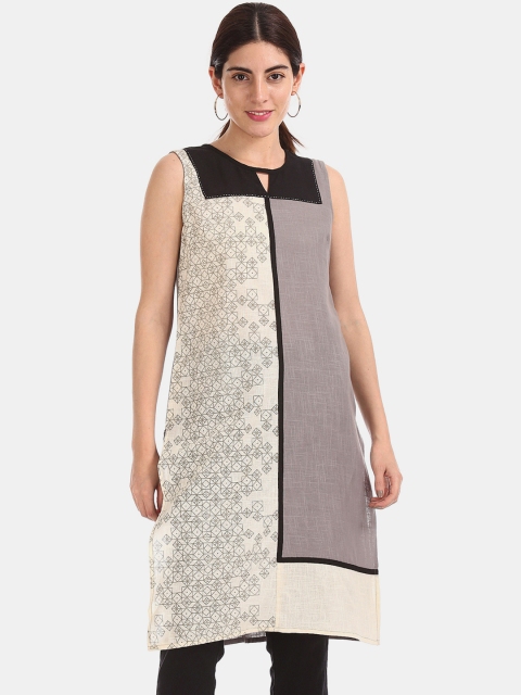 Karigari Women Beige & Grey Printed Straight Kurta