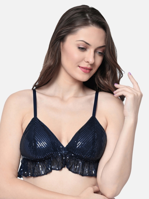 Da Intimo Navy Blue Solid Lightly Padded Non-Wired Sequin Bralette Bra DI-1228