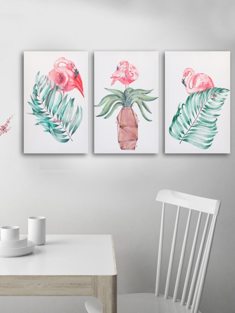 TIED RIBBONS Set of 3 White & Pink Printed Canvas Framed Wall Arts