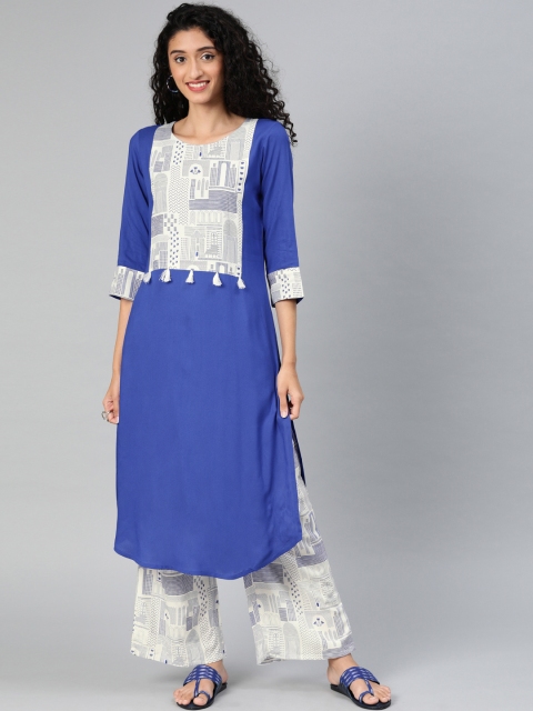 ZIYAA Women Blue & Off-White Printed Straight Kurta