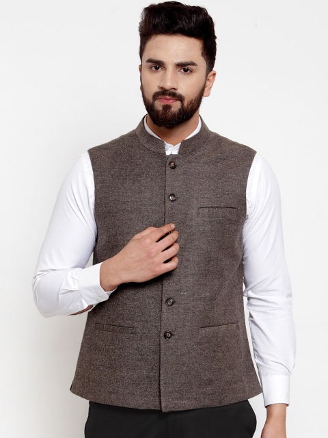 NEUDIS Men Taupe Solid Pure Wool Nehru Jacket