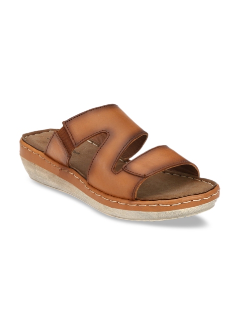 Delize Women Tan Brown Leather Solid Open Toe Flats