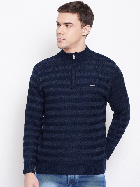 Duke Men Navy Blue Striped Pullover Sweater