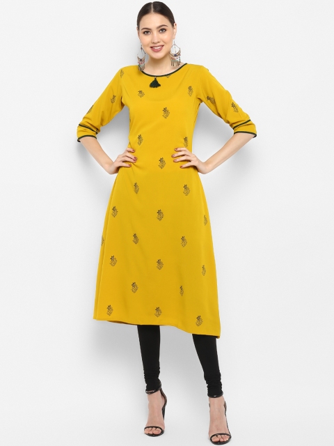 Janasya Women Yellow & Black Printed A-Line Kurta