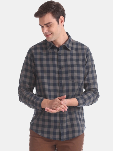 Ruggers Men Grey & Navy Blue Slim Fit Checked Casual Shirt