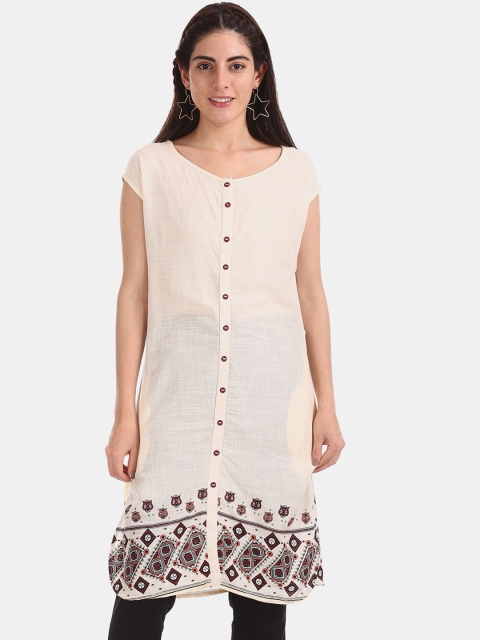 Karigari Women Cream-Coloured Printed Straight Kurta