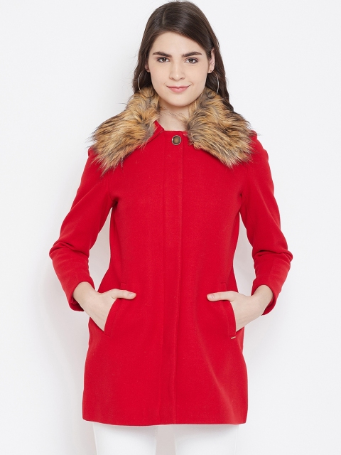 Okane Women Red & Brown Solid Single-Breasted Faux Fur Trimmed Overcoat