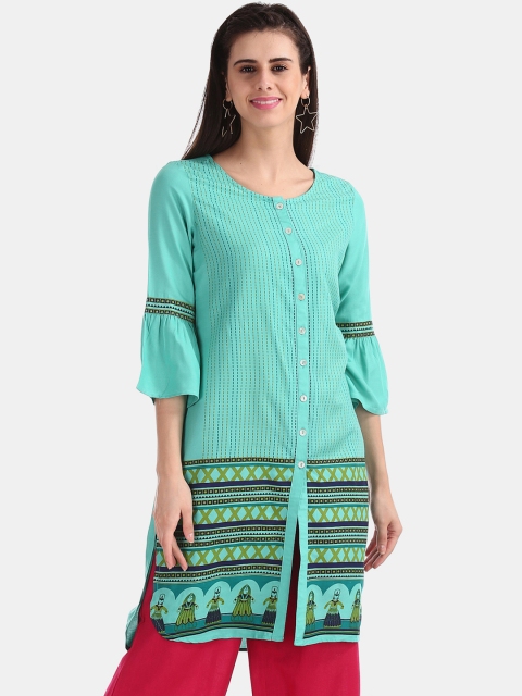 Karigari Women Teal Blue Printed Straight Kurta