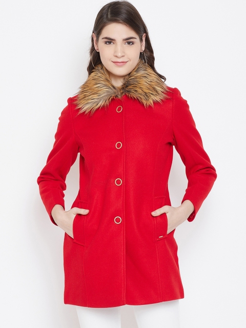 Okane Women Red & Brown Solid Single-Breasted Faux Fur Trimmed Overcoat
