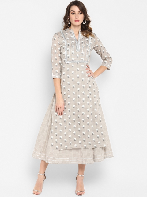 Janasya Women Grey & White Printed Layered A-Line Kurta