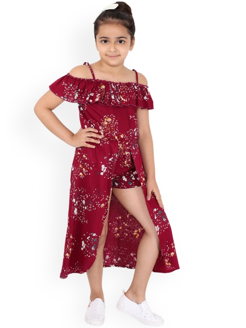 naughty ninos Girls Maroon Floral Print Fit & Flare Dress