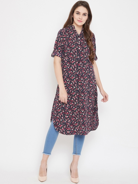 Ruhaans Women Navy Blue & Pink Printed Tunic