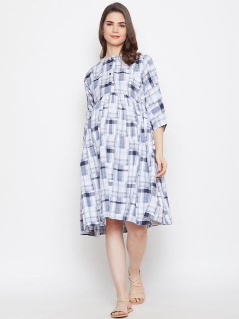The Kaftan Company Women Maternity White Checked Fit and Flare Dress